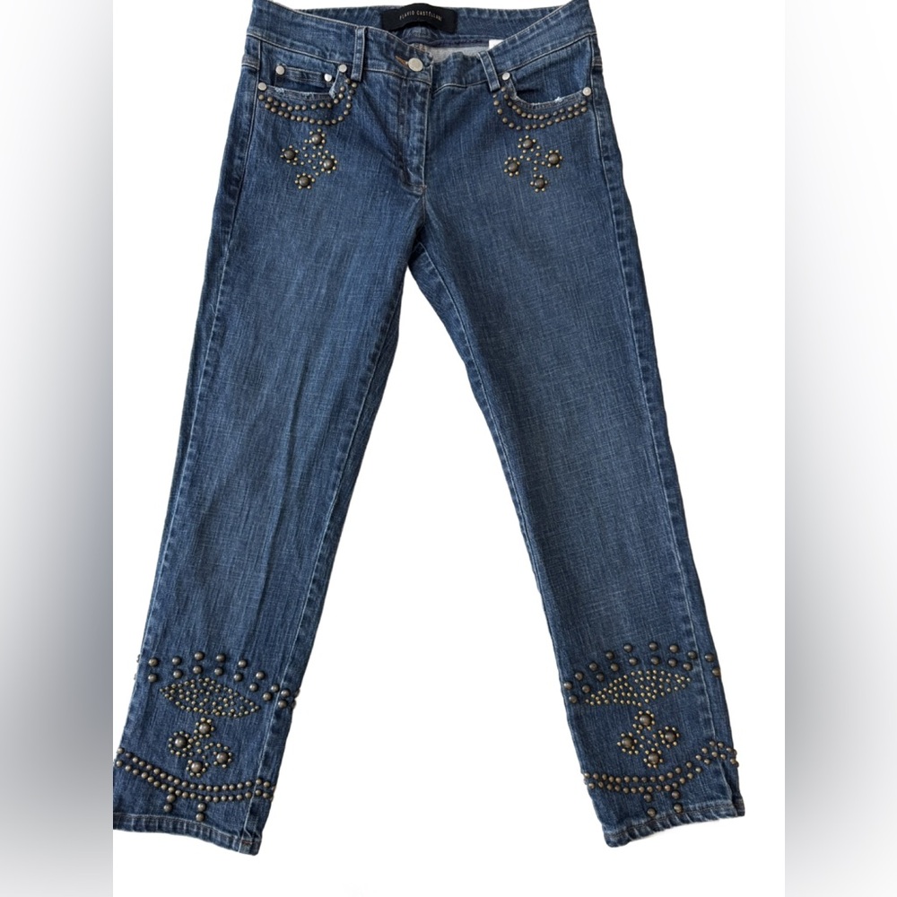 Flavio Castalani women's blue denim jeans with studded embellishments. Size 8